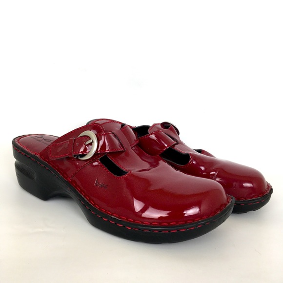 red patent clogs